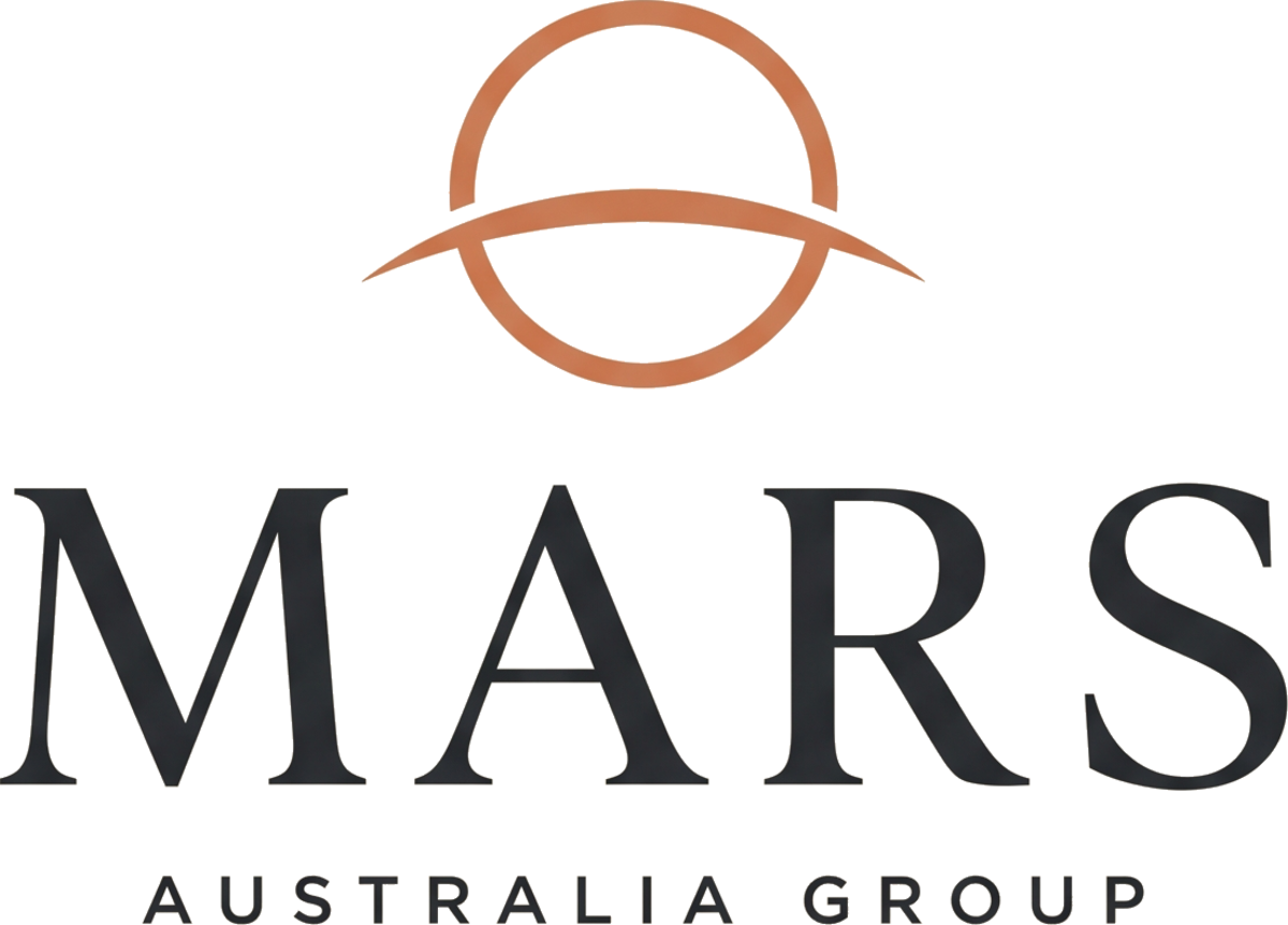 Mars Australia Group logo — terracotta planet-arc emblem above a charcoal serif wordmark
