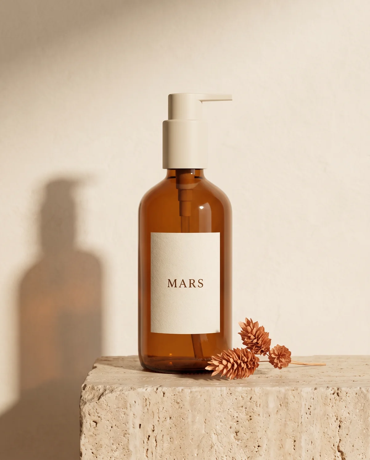 Bottle of Mars Australia Group Hydrating Shampoo on a travertine plinth against cream limewash